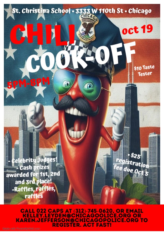 Rep Mary Gill (@repmarygill) on Twitter photo Join <a href="/ChicagoCAPS22/">22nd District - Morgan Park</a> for their Chili Cook Off this Saturday at <a href="/StChristinaScl/">St. Christina School</a> from 5-8! I'll be there! It's perfect chili weather time, so come out to enjoy some delicious chili and support our CPD! Join <a href="/ChicagoCAPS22/">22nd District - Morgan Park</a> for their Chili Cook Off this Saturday at <a href="/StChristinaScl/">St. Christina School</a> from 5-8! I'll be there! It's perfect chili weather time, so come out to enjoy some delicious chili and support our CPD!
