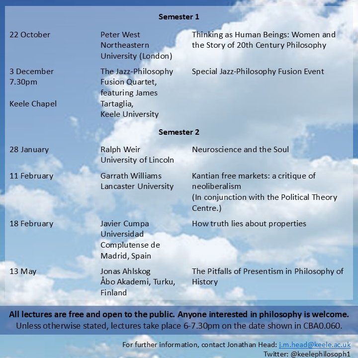 Keele Philosophy (@keelephilosoph1) on Twitter photo We're very pleased to announce this year's <a href="/RIPhilo/">The Royal Institute of Philosophy</a> lectures from Keele Philosophy.
Lectures start next week (22 October) with Peter West (Northeastern University London): Thinking as Human Beings: Women and the Story of 20th Century Philosophy
6.30pm CBA0.060 Everyone welcome We're very pleased to announce this year's <a href="/RIPhilo/">The Royal Institute of Philosophy</a> lectures from Keele Philosophy.
Lectures start next week (22 October) with Peter West (Northeastern University London): Thinking as Human Beings: Women and the Story of 20th Century Philosophy
6.30pm CBA0.060 Everyone welcome