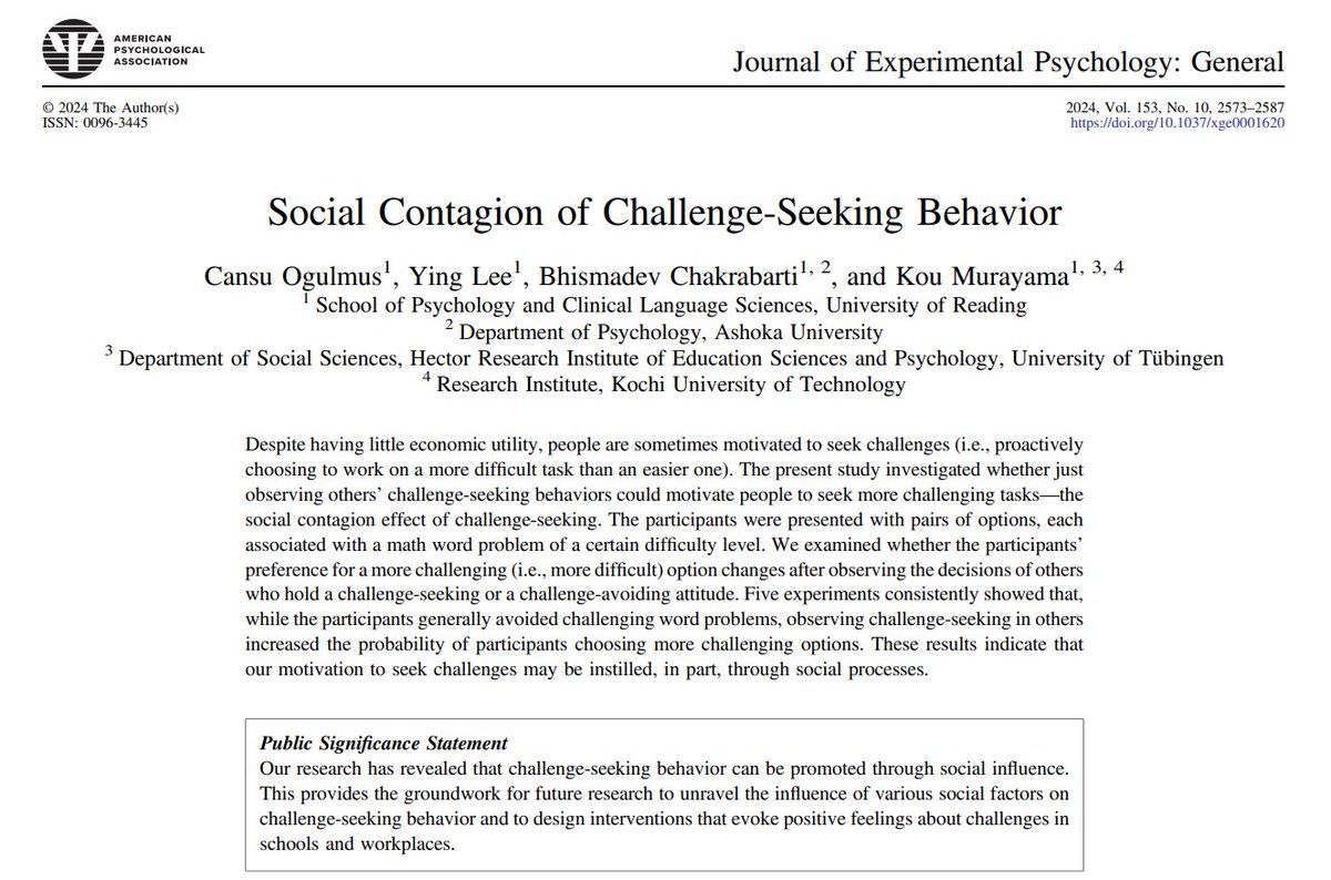 Cansu Ogulmus (@cansuogulmus) on Twitter photo Just published! 🎉Thrilled to share my #PhD research on how watching others take on challenges can spark a desire to push your own limits. #motivation
Grateful to my co-authors Dr Ying Lee, <a href="/bhismadev/">Bhisma Chakrabarti @bhisma.bsky.social</a> and <a href="/KouMurayama/">Kou Murayama</a> for their invaluable contributions.
psycnet.apa.org/fulltext/2025-… Just published! 🎉Thrilled to share my #PhD research on how watching others take on challenges can spark a desire to push your own limits. #motivation
Grateful to my co-authors Dr Ying Lee, <a href="/bhismadev/">Bhisma Chakrabarti @bhisma.bsky.social</a> and <a href="/KouMurayama/">Kou Murayama</a> for their invaluable contributions.
psycnet.apa.org/fulltext/2025-…