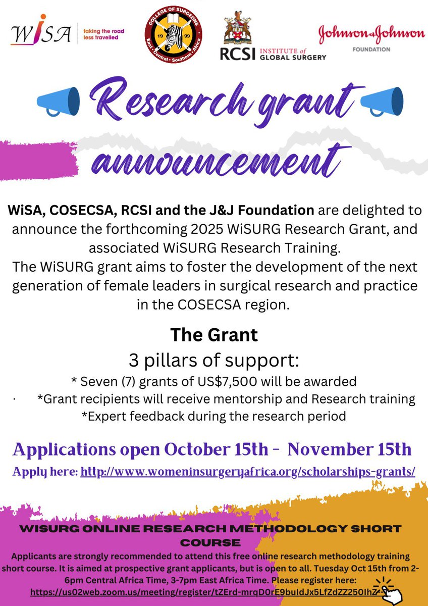 📢The 2025 WiSURG Grant is accepting applications from today, October 15th.

Seven grants of $7500 will be awarded, along with mentorship &amp; research training, and expert feedback during the research period.  

The WiSURG programme is a collaborative effort aimed at fostering