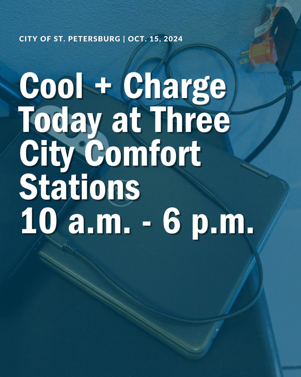 The City has set up temporary Comfort and Charging Stations for residents to support recovery after Hurricanes Helene and Milton. 

🔌 Enoch D. Davis Recreation Center
🔌 Azalea Recreation Center
🔌 Roberts Recreation Center

More info: stpete.org/recovery