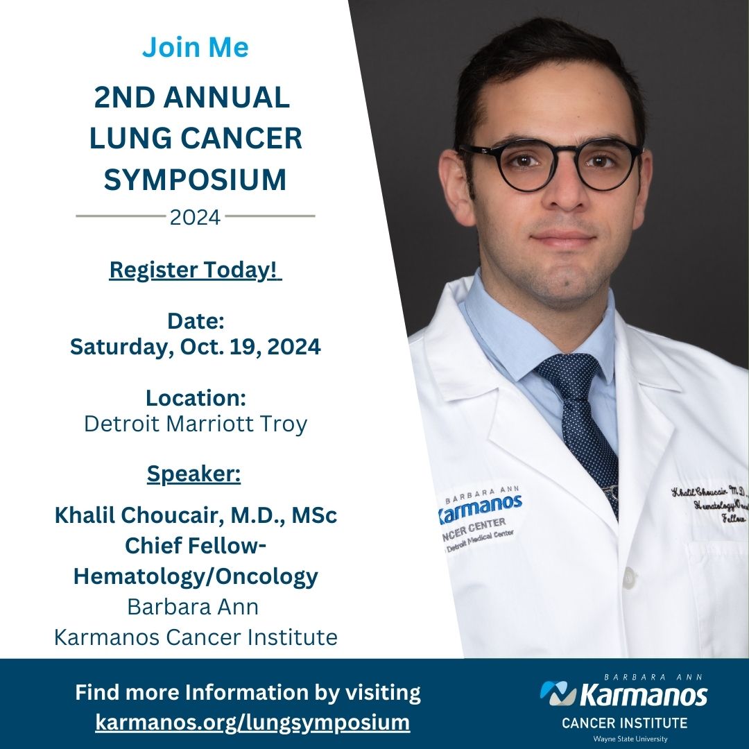 Khalil Choucair, MD, MSc (@khalilchoucair8) on Twitter photo Please join me for <a href="/karmanoscancer/">Karmanos Cancer Institute</a> Second Annual Lung Cancer Symposium on Oct. 19 at Detroit Marriott Troy. Online registration is open until 8 a.m., Oct. 18! Visit karmanos.org/lungsymposium to secure your spot. I look forward to seeing you this weekend! Please join me for <a href="/karmanoscancer/">Karmanos Cancer Institute</a> Second Annual Lung Cancer Symposium on Oct. 19 at Detroit Marriott Troy. Online registration is open until 8 a.m., Oct. 18! Visit karmanos.org/lungsymposium to secure your spot. I look forward to seeing you this weekend!