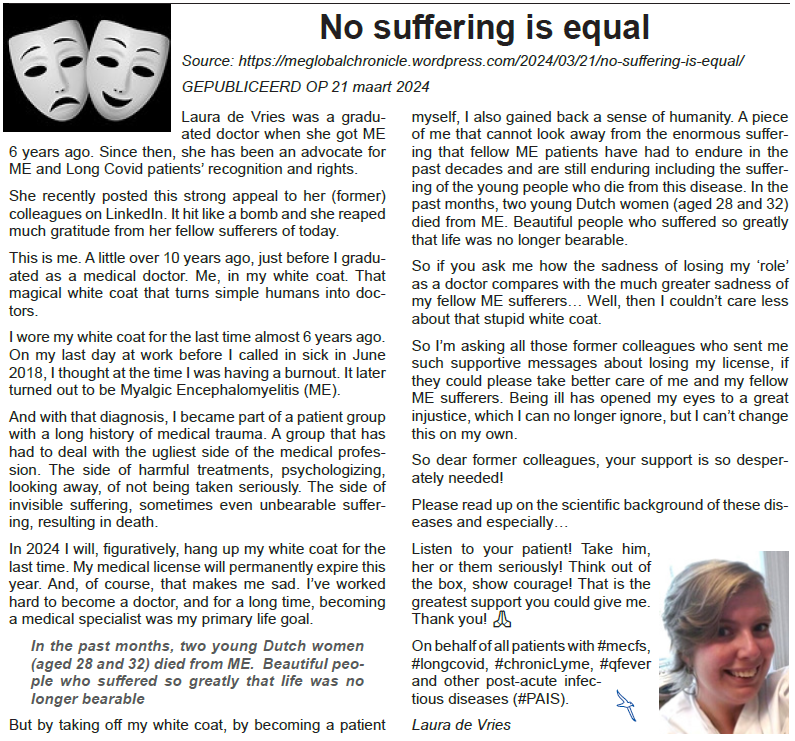 TomKindlon's tweet photo. "No suffering is equal" by Laura de Vries @LauradeVri90078

"On behalf of all patients with #mecfs, #longcovid, #chronicLyme, #qfever and other post-acute infectious diseases (#PAIS)."

https://t.co/Fzs9mDAyyx https://t.co/SljJbSQlrw