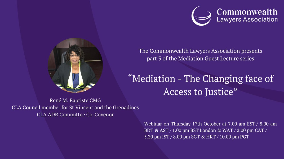 Don't miss your chance to register!

The CLA's Arbitration and Mediation committee continues their Mediation Guest Lecture series taking place on 17th October at 1.00pm BST.

Events page: commonwealthlawyers.com/event/mediatio…

Registration link: us02web.zoom.us/webinar/regist…