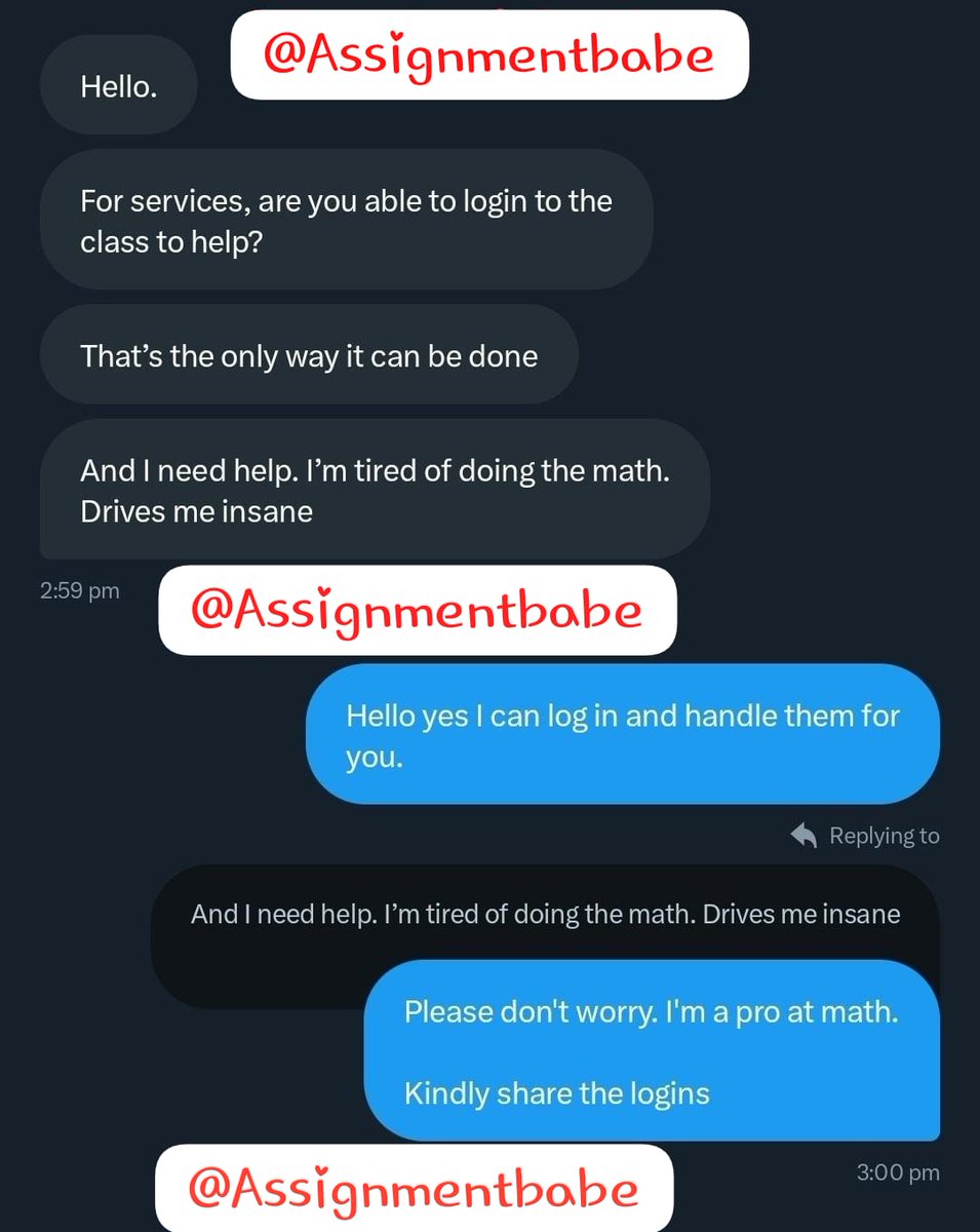 AssignmentBabe's tweet image. Hey Besties, Anyone struggling with Math classes?

I offer Comprehensive tutoring services in various math subjects, including algebra, geometry, calculus, statistics, probability, quantitative reasoning, precalculus,and trigonometry. 

Straight A&apos;s Guaranteed!!!,🤗
Kindly DM +1…