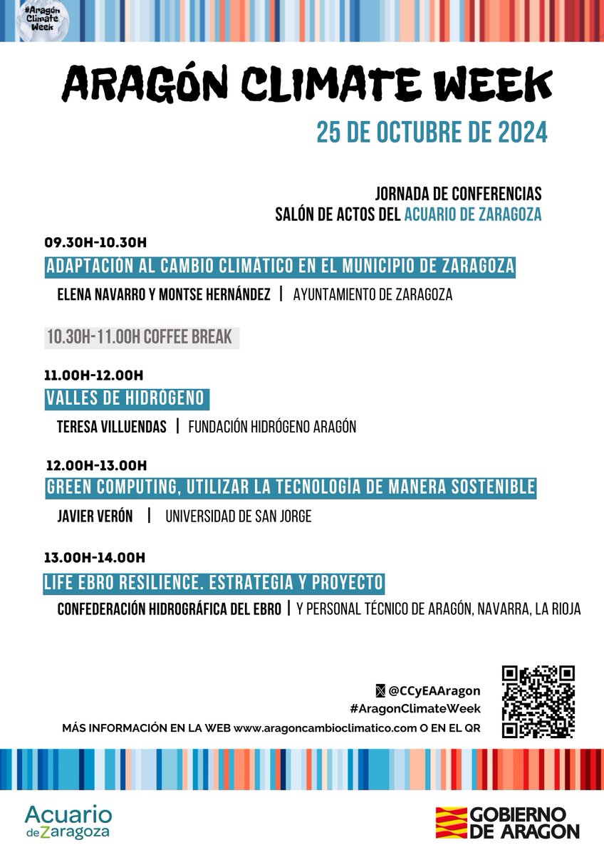 📢 El viernes 25/10 te esperamos en el Acuario de Zaragoza <a href="/nuevoacuariozgz/">Acuario de Zaragoza</a> para una jornada sobre cambio climático 🌍 en el marco de la #AragonClimateWeek Participan <a href="/EBROresilience/">EBRO Resilience/ LIFE Ebro Resilience P1 🇪🇺</a> <a href="/medioambienteZ/">ZGZ medioambiente</a> <a href="/HidrogenoAragon/">Fundación Hidrógeno Aragón</a> <a href="/_usj_/">Universidad San Jorge</a>  

🕤 Comienza a las 9:30 h. ¡No te lo pierdas!