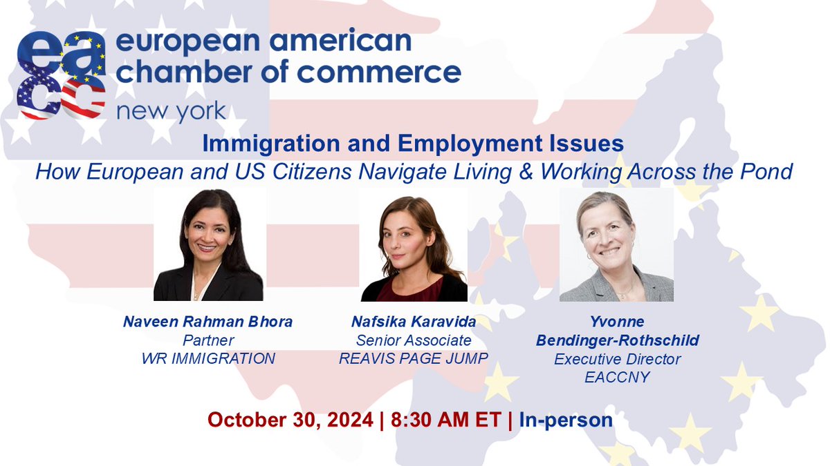 REGISTER NOW!
📅Oct. 30 | "How #European &amp; #US Citizens Navigate Living &amp; Working Across the Pond"
#Immigration &amp; #employment challenges Europeans &amp; Americans encounter when they live &amp; work on the other side of the Atlantic.

#RSVP: eaccny.com/events/?event_…

<a href="/WOLFSDORF/">WR Immigration</a>
<a href="/RPJLaw/">Reavis Page Jump LLP</a>