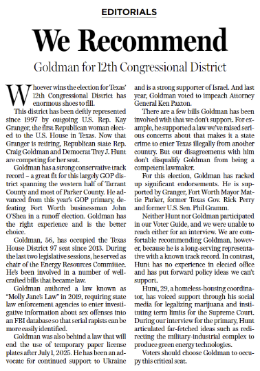 TxDan_Gonzalez's tweet photo. The @DMNOpinion recommends @GoldmanCraig for #CD12. #txlege #GoVote https://t.co/oJu5tk85fz