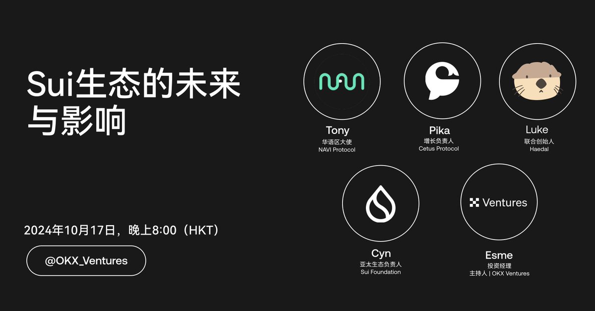 OKX_Ventures's tweet photo. 🎆 Twitter Space 活动预告！🎆
欢迎参加我们的主题讨论——「Sui 生态的未来与影响」 🌐🔍
📅 日期：2024年10月17日
🕗 时间：晚上8:00（HKT）
🎤 主办方：OKX Ventures
👥 嘉宾：@SuiNetwork, @SuiNetworkCN, @navi_protocol, @CetusProtocol, @HaedalProtocol
💡 讨论主题：Sui的技术创新、表现以及开发者和投资者的机遇！
🎁 奖励：150 SUI 等你来拿！
千万别错过！
https://t.co/Ij5V8iNiLg 

🎆 #SuiBlockchain #Web3 #加密货币