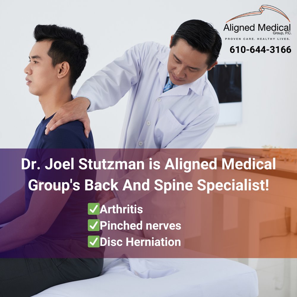 Aligned_Medical's tweet image. Dr. Joel Stutzman is a #SpineSpecialist. If you’re suffering from lower back pain, possible causes include: 
✅Arthritis
✅Pinched nerves
✅Disc Herniation
Dr. Stutzman works to find the cause of the pain for #LastingRelief. Make an appt at Aligned Medical Group! #PainSolutions