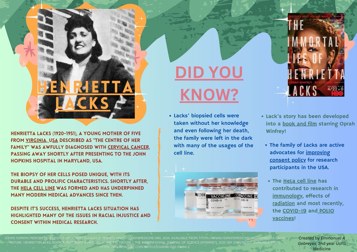 UofG_Anatomy's tweet photo. Continuing #worldanatomyday celebrations &amp; #BlackHistoryMonthUK - our students created posters to recognise important work by historical individuals of colour. Today we honour Henrietta Lacks https://t.co/iE60pneXCD
