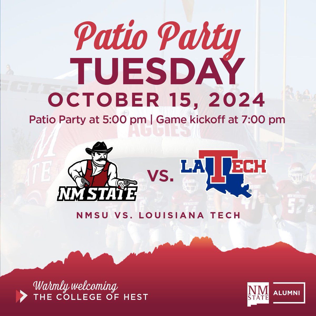 NMSUAlumFriends's tweet image. 🏈🎉 It's #GameDay! Join us at the NMSU Golf Course Players Grill for our #patioparty!! 🤠 🗓️ Tue. 10/15 🕖 5:00 to 7:00 pm 📍 NMSU Golf Course Players Grill | 3000 Herb Wimberly Dr, Las Cruces, NM 88011 👉 bit.ly/nmsu_tailgate_… 🥂 Cash bar available #AlwaysAnAggie