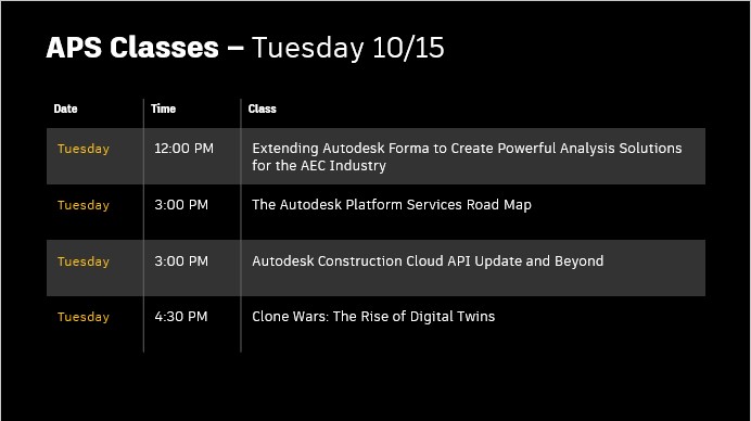 Good morning #AU2024!  We've got some exciting Autodesk Platform Services classes on deck today in addition to our APS Keynote this afternoon at 1:30pm.