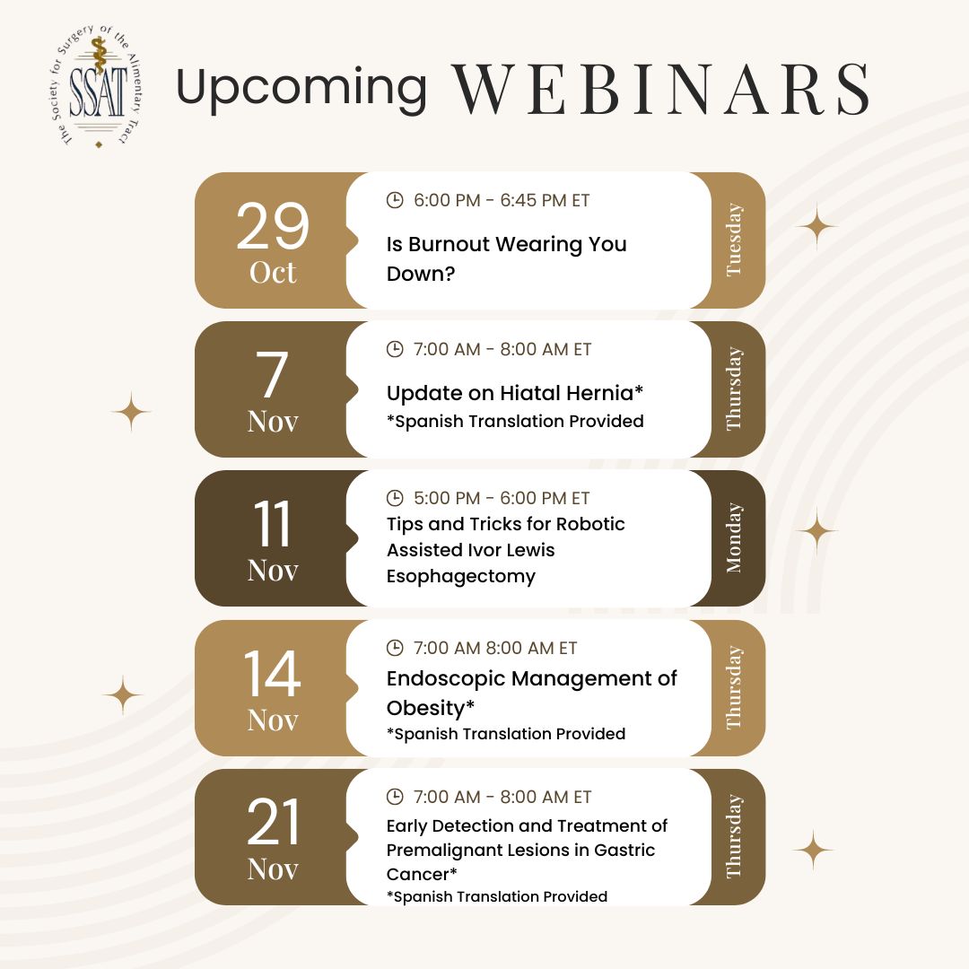 SSAT (@ssatnews) on Twitter photo 📅 Mark your calendars! SSAT's upcoming webinars are packed with valuable insights and expert discussions on the latest in surgery and GI medicine. Register Now - ow.ly/W2Vx50THPSK
<a href="/blondescalpel/">Annie Laurie Benzie, MD</a> <a href="/BorraezSeg45464/">Bernardo Alfonso Borraez Segura</a> <a href="/ziadtawad/">Ziad Awad, MD, FACS</a>
#SSATWebinars #GIMedicine #GI 📅 Mark your calendars! SSAT's upcoming webinars are packed with valuable insights and expert discussions on the latest in surgery and GI medicine. Register Now - ow.ly/W2Vx50THPSK
<a href="/blondescalpel/">Annie Laurie Benzie, MD</a> <a href="/BorraezSeg45464/">Bernardo Alfonso Borraez Segura</a> <a href="/ziadtawad/">Ziad Awad, MD, FACS</a>
#SSATWebinars #GIMedicine #GI