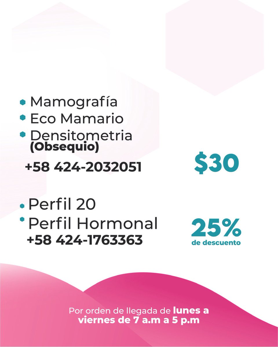 ¡Octubre es el mes de la prevención!

Por este mes tendremos promociones especiales en estudios ginecológicos, de imagen y laboratorio 💗

Promoción válida solo para mujeres👩🏻‍⚕️

Horario de atención: Lunes a viernes de 7am a 5pm⏰

Atención por orden de llegada📋