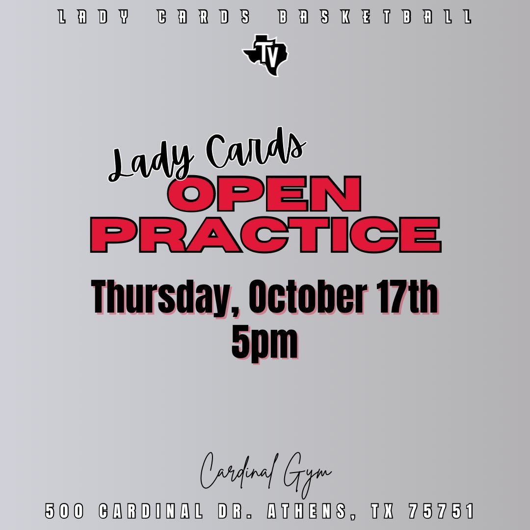 The Lady Cards are having an open practice this Thursday‼️ Practice starts at 5pm &amp; will be held in the Cardinal Gym. We hope to see you there‼️😊 #TheyN9tLikeUs #CODERED