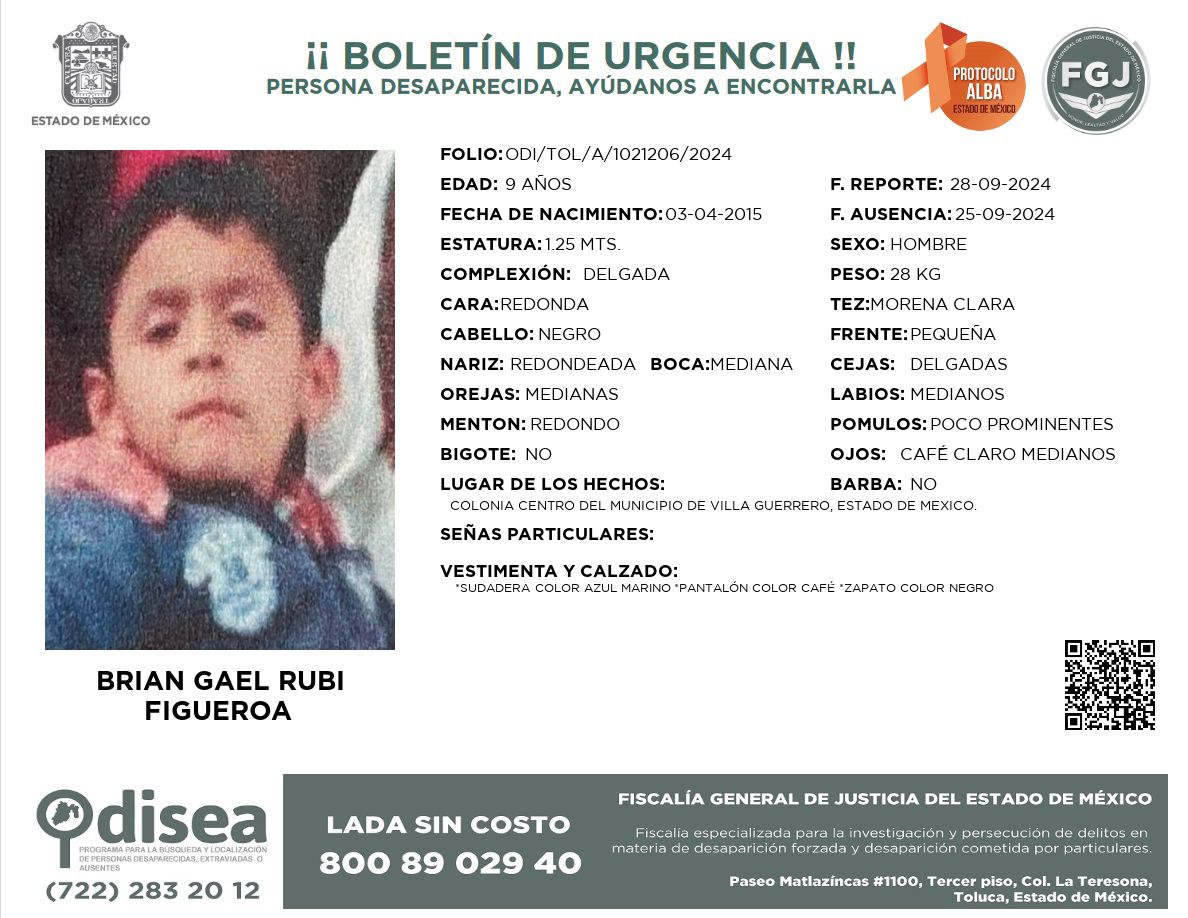 🚨🚨🚨🚨 ATENCIÓN. #BrianGael desapareció junto a su madre en #VillaGuerrero. Su mami Gregoria, fue localizada asesinada el 28 de septiembre de 2024. Hasta hoy se ignora su paradero. NOS AYUDAN POR FAVOR. Compartan. Gracias