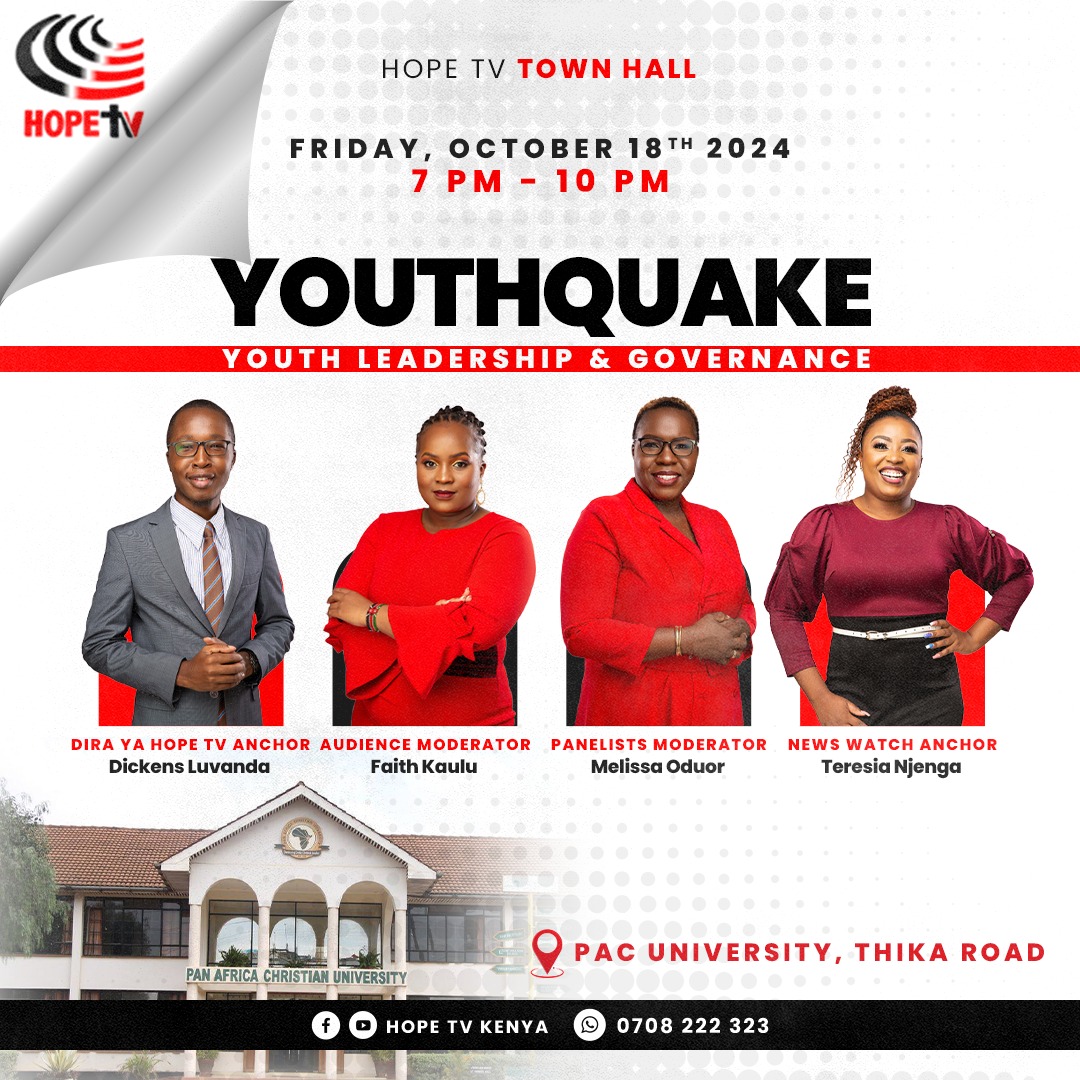 This Friday, the <a href="/HopeTV_KE/">Hope TV Kenya</a> Town Hall will be held at our Thika Road campus, where our students will participate in a Youth and Governance discourse. We are looking forward to a fascinating and inspiring engagement.