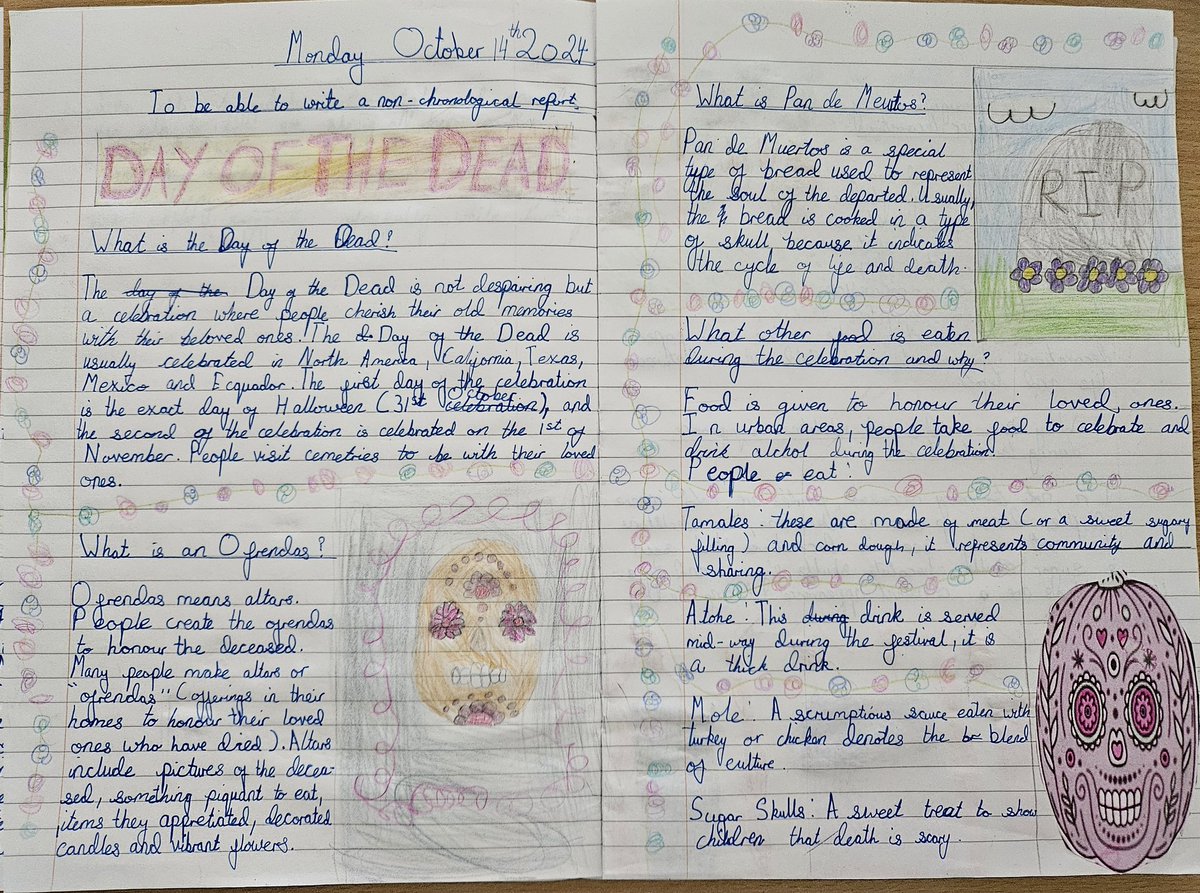 Here are just some of the wonderful pieces of work produced by Year 6. They have been learning about the Day of the Dead celebrations and created their own non-chronological reports.