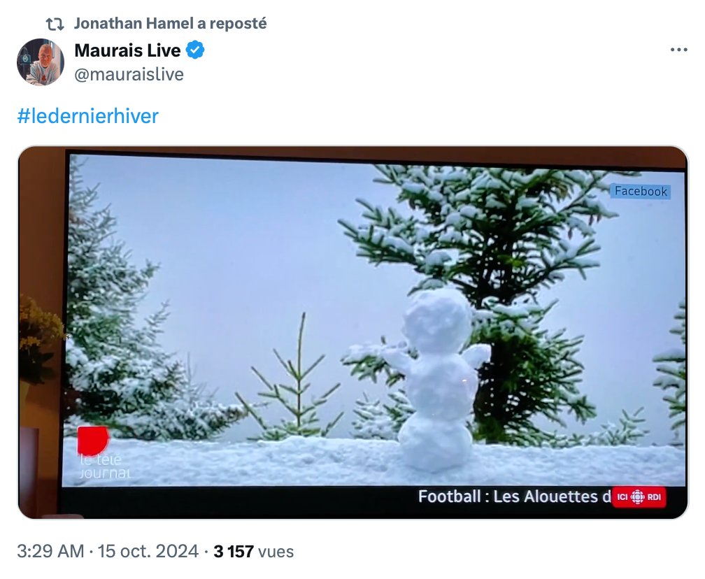 lobbymontreal's tweet image. Preuve que les changements climatiques n&apos;existent pas:

Une photo de la télé de Dom Mauvais, sur laquelle on aperçoit la photo Facebook d&apos;un téléspectateur de RDI qui a fait un bonhomme de neige.

Merci à Jonathan 40k Hamel de l&apos;avoir reposté.

#TeamScience