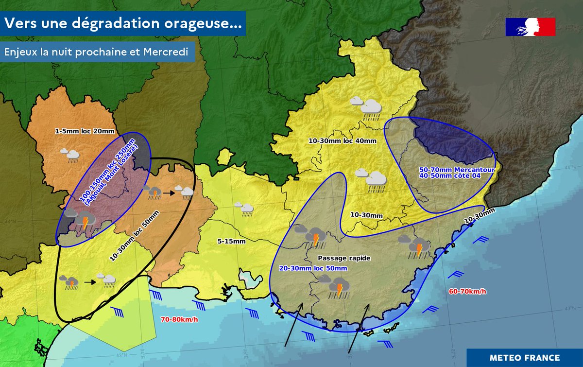 MeteoFrance_SE's tweet image. 🟠Episode Cévenol : #vigilanceorange sur 48/30
100-150mm sur Cévennes, loc 250mm #PluieInondation #orages

🟡Dégradation orageuse sur #PACA en seconde partie de nuit

⛈️Cumuls:
20-30mm loc en peu de temps sur les 83/13,
50-70mm sur le Mercantour.

vigilance.meteofrance.fr