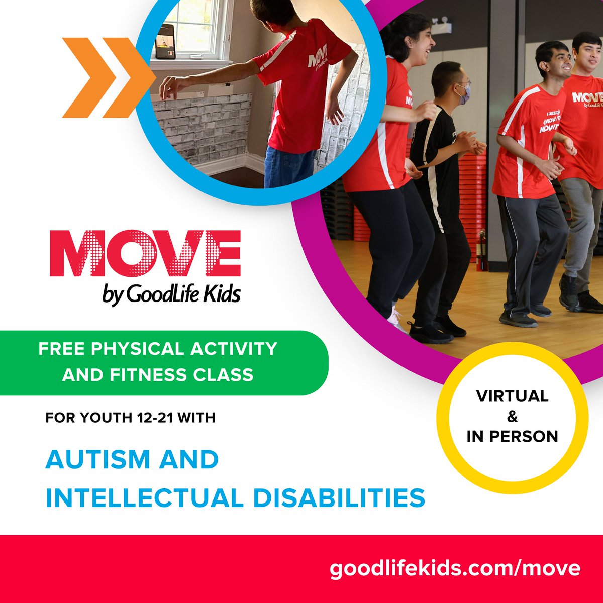 MOVE by GoodLife Kids Program is a FREE physical activity and fitness program created to build physical and mental well-being, community and confidence for youth ages 12-21 with autism and intellectual disabilities across Canada.

Go to goodlifekids.com/move to register!