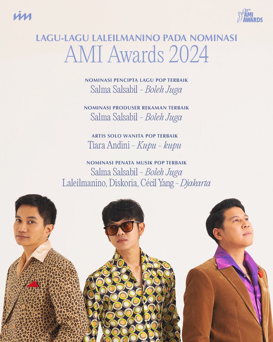 Lagu-lagu kami pada Nominasi AMI AWARDS 2024. Terima kasih banyak untuk apresiasi yang telah diberikan selama ini kepada kami, kehormatan bisa kembali bersanding dengan banyak talenta berbakat pada tahun ini. Mohon doa restu, terima kasih ya @amiawards!💙