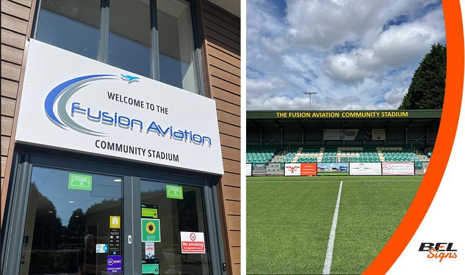 belsigns's tweet photo. Weβve been working at the new Hornets stadium since 2019. With the new sponsor, Fusion Aviation brings a change of signs, including the front entrance and stand. Manufactured and installed by our team.
#footballsigns #stadiumsignage #HorshamFC #FootballSignage #builtuplettering https://t.co/IrUpIltwp7