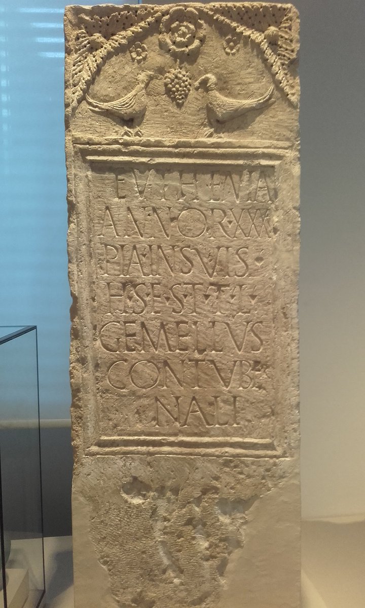 DrJEBall's tweet photo. The tombstone of Euthenia, who died at the age of 35. The stone was dedicated by Gemellus, described as her 'partner' (contuburnalis) rather than her husband. This form of union, along with their single names, suggests that both Euthenia &amp; Gemellus were enslaved #EpigraphyTuesday https://t.co/Q3IW9Ypw4f