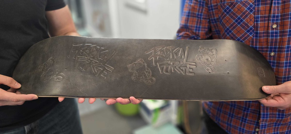 RadicalForge's tweet photo. 'The Leather Guy' and friend of @RadicalForge @StuartCoupland visited the office again today and brought with him a leather skate deck replete with Flip and RadFo branding as a gift -its so sick in real life, I can tell you https://t.co/uR8ZwLrjii