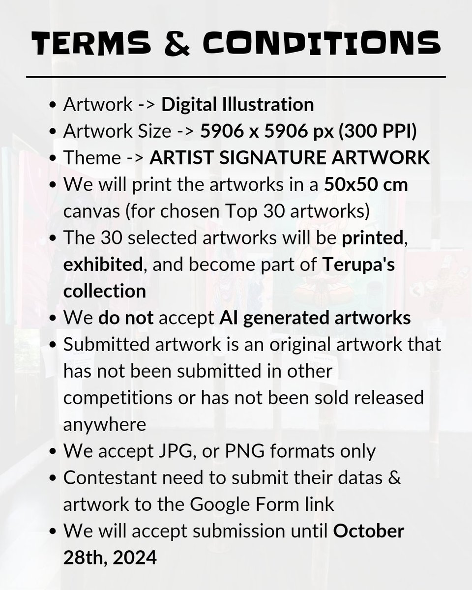 📣🎨 OPEN CALL TERUPA EXHIBITION 🎨📣

The road to Terupa Fest has continued! 🥳

Join us on this exciting journey and submit your digital artwork for a chance to be the TOP 30 chosen artworks to be printed and exhibited in our TERUPA EXHIBITION 🎉