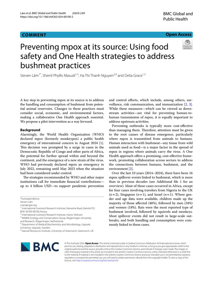 thestevenlam's tweet image. Are you working on mpox prevention? Here we highlight the importance of also focusing on where mpox starts – when it spreads from animals to people - and of using a One Health approach for a more comprehensive strategy
…cglobalpublichealth.biomedcentral.com/articles/10.11…