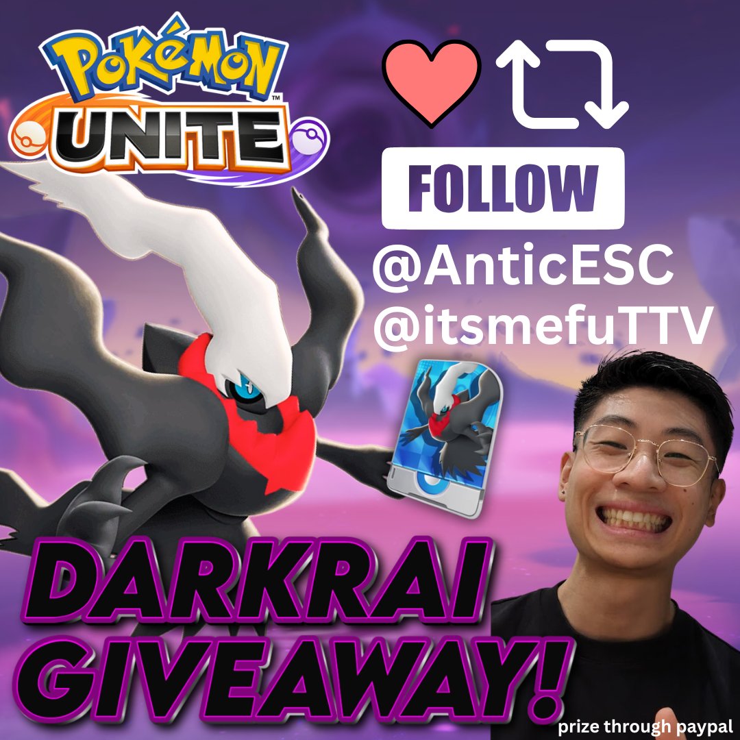 ✨DARKRAI UNITE LICENCE GIVEAWAY✨
Sponsored by Antic Esports!

To Enter:
👻Like &amp; Retweet
👻Must be following <a href="/itsmefuTTV/">itsmefu</a> and <a href="/AnticESC/">Antic Esports</a>

Bonus entry: Comment a mythical Pokémon you want in Unite!
Winner drawn on stream on 20 September! #PokemonUNITE #Darkrai #Giveaways