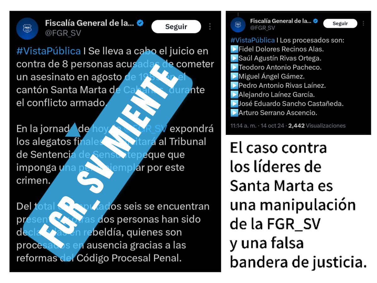 Comunidad Santa Marta (@csantamarta1987) on Twitter photo El caso contra los líderes comunitarios de <a href="/CSantaMarta1987/">Comunidad Santa Marta</a> y <a href="/ades_sm/">ADES Santa Marta</a>, es una manipulación descarada de la <a href="/FGR_SV/">Fiscalía General de la República El Salvador</a> y una falsa bandera de justicia contra las víctimas del período de la guerra civil. Con este caso, la Fiscalía desvela sus oscuros y perversos intereses. El caso contra los líderes comunitarios de <a href="/CSantaMarta1987/">Comunidad Santa Marta</a> y <a href="/ades_sm/">ADES Santa Marta</a>, es una manipulación descarada de la <a href="/FGR_SV/">Fiscalía General de la República El Salvador</a> y una falsa bandera de justicia contra las víctimas del período de la guerra civil. Con este caso, la Fiscalía desvela sus oscuros y perversos intereses.