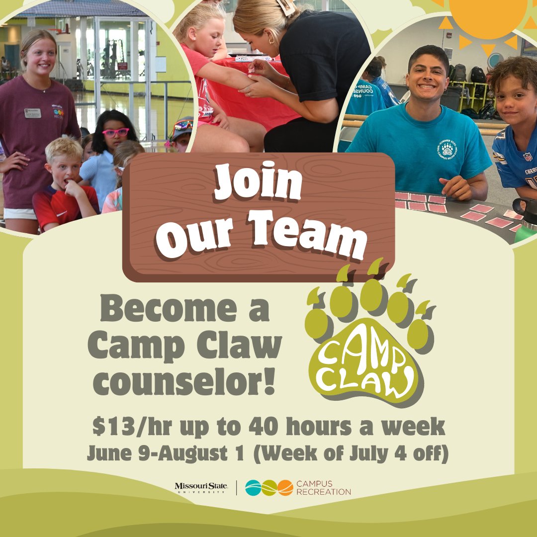 _MSUCampusRec's tweet image. Camp Claw is looking for counselors that are dedicated, energetic, and love working with kids! This is a wonderful summer job that will keep you busy while having fun! Find more info in our bio.

$13/hr up to 40 hours a week. From June 9th to August 1st.