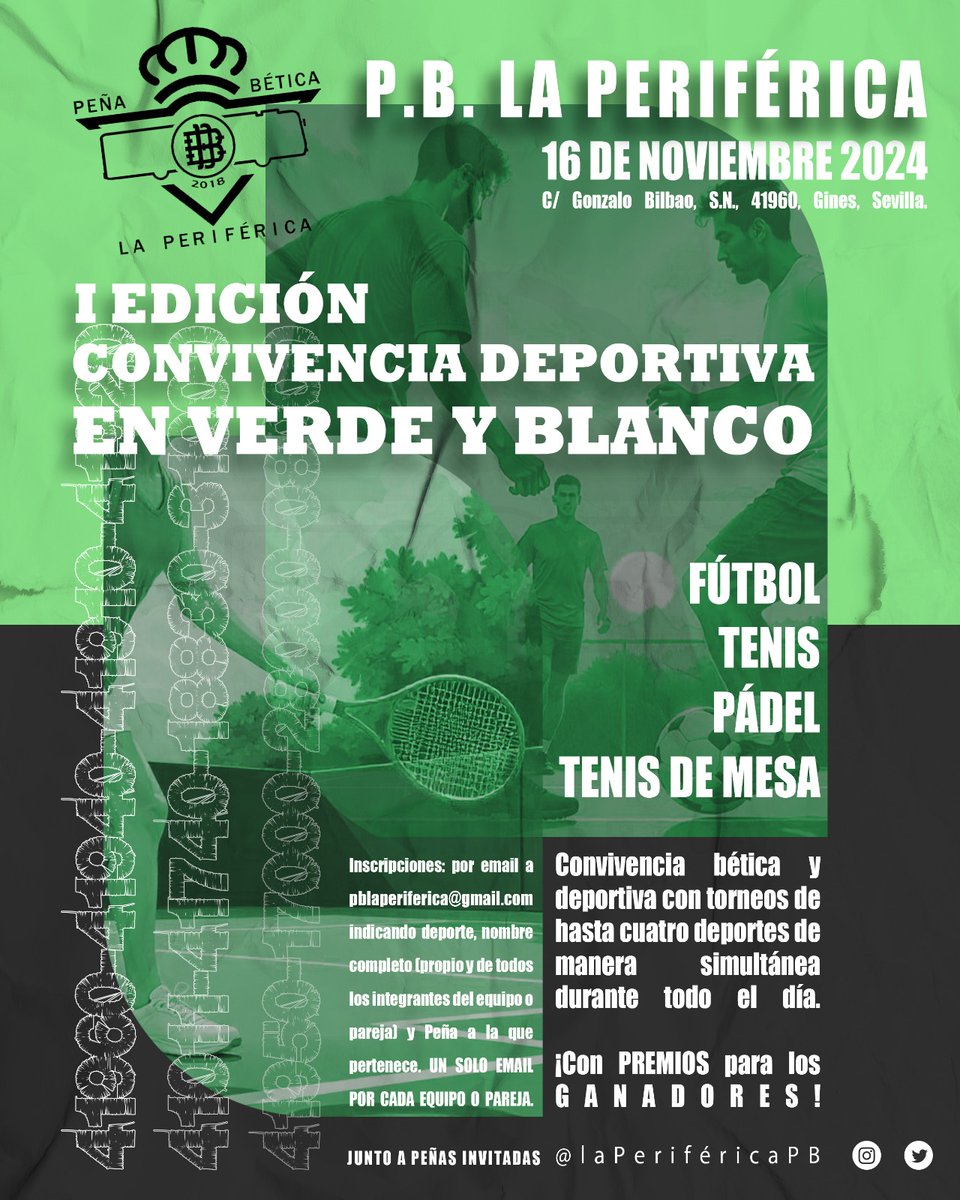 I EDICIÓN: CONVIVENCIA DEPORTIVA EN VERDE Y BLANCO - P.B. LA PERIFÉRICA ⚽🎾🏓💚🚌

SÁBADO 16 DE NOVIEMBRE DE 2024 - C/ GONZALO BILBAO, S.N., 41960, GINES, SEVILLA.

#LaPeriférica 💚🚌