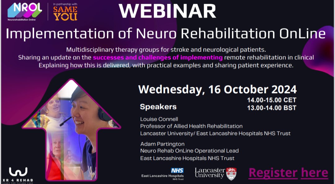 Adam Thomas Partington (@adsphysio87) on Twitter photo Myself and <a href="/researchphysio/">Louise Connell</a>
Will be presenting all about NeurologicalRehabilitation OnLine (NROL) TOMORROW at 1pm, please sign up!! Click the link below
sint-maartenskliniek.webinargeek.com/implementation…
@SameYouOrg <a href="/LancasterUni/">Lancaster University</a> <a href="/ELHT_NHS/">East Lancashire Hospitals NHS Trust 💙</a> Myself and <a href="/researchphysio/">Louise Connell</a>
Will be presenting all about NeurologicalRehabilitation OnLine (NROL) TOMORROW at 1pm, please sign up!! Click the link below
sint-maartenskliniek.webinargeek.com/implementation…
@SameYouOrg <a href="/LancasterUni/">Lancaster University</a> <a href="/ELHT_NHS/">East Lancashire Hospitals NHS Trust 💙</a>
