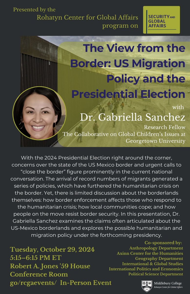 GE Sanchez (now on Bluesky) (@_gesanchez) on Twitter photo 📢I'll be at <a href="/Middlebury/">Middlebury College</a> <a href="/RohatynCenter/">Middlebury RCGA</a> (on the Northern 'bordo' for the 1st time!) to share reflections on US migration policy, the humanitarian crisis on the borderlands, and the meaning of hope.
🗓️TUE OCT 29
⏲️5:15–6:15 PM EST
📍Jones Conference Room
middlebury.edu/events/event/v… 📢I'll be at <a href="/Middlebury/">Middlebury College</a> <a href="/RohatynCenter/">Middlebury RCGA</a> (on the Northern 'bordo' for the 1st time!) to share reflections on US migration policy, the humanitarian crisis on the borderlands, and the meaning of hope.
🗓️TUE OCT 29
⏲️5:15–6:15 PM EST
📍Jones Conference Room
middlebury.edu/events/event/v…