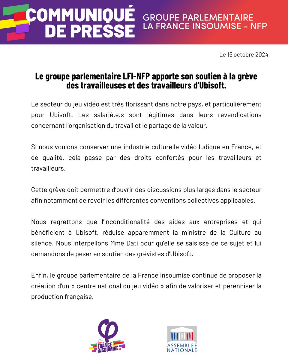 🔴📄 Le groupe parlementaire apporte son soutien à la grève des travailleuses et des travailleurs d'Ubisoft.

Notre communiqué ⤵️