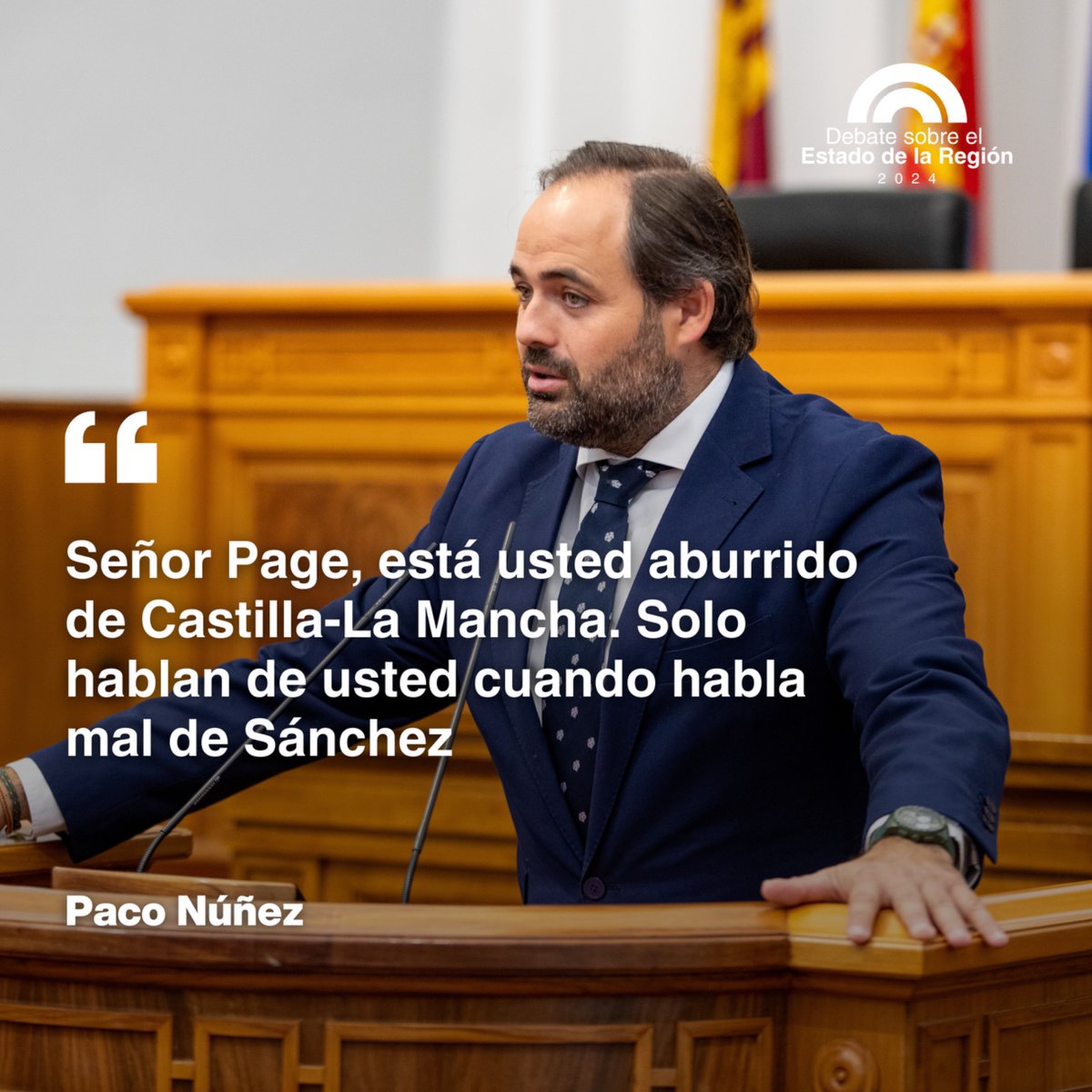 "La realidad que muestra <a href="/garciapage/">Emiliano García-Page</a> se parece muy poco a la que viven los castellanomanchegos".

"Está aburrido de CLM y sólo le hacen caso cuando se mete con Sánchez".

"Usted está aquí por obligación y yo por ilusión".

<a href="/paconunez_/">Paco Núñez</a> 

#PrimeroCLM