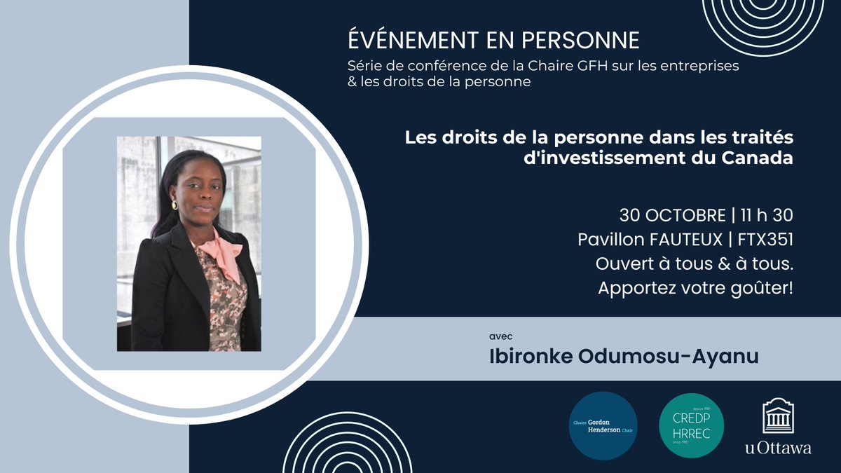 uOttawa CREDP (@uottawahrrec.bsky.social) (@uottawahrrec) on Twitter photo 🗓️30 OCT
🕦11h30
Heureux de s'associer à <a href="/PenelopeSimons1/">Penelope Simons</a>
pour accueillir à #uOttawa Ibironke Odumosu-Ayanu, professeure à <a href="/UsaskLaw/">USask College of Law</a>, dans le cadre de la Série de conférences sur les entreprises et les droits de la personne.
Plus de détails ➡️uottawa.ca/recherche-inno… 🗓️30 OCT
🕦11h30
Heureux de s'associer à <a href="/PenelopeSimons1/">Penelope Simons</a>
pour accueillir à #uOttawa Ibironke Odumosu-Ayanu, professeure à <a href="/UsaskLaw/">USask College of Law</a>, dans le cadre de la Série de conférences sur les entreprises et les droits de la personne.
Plus de détails ➡️uottawa.ca/recherche-inno…