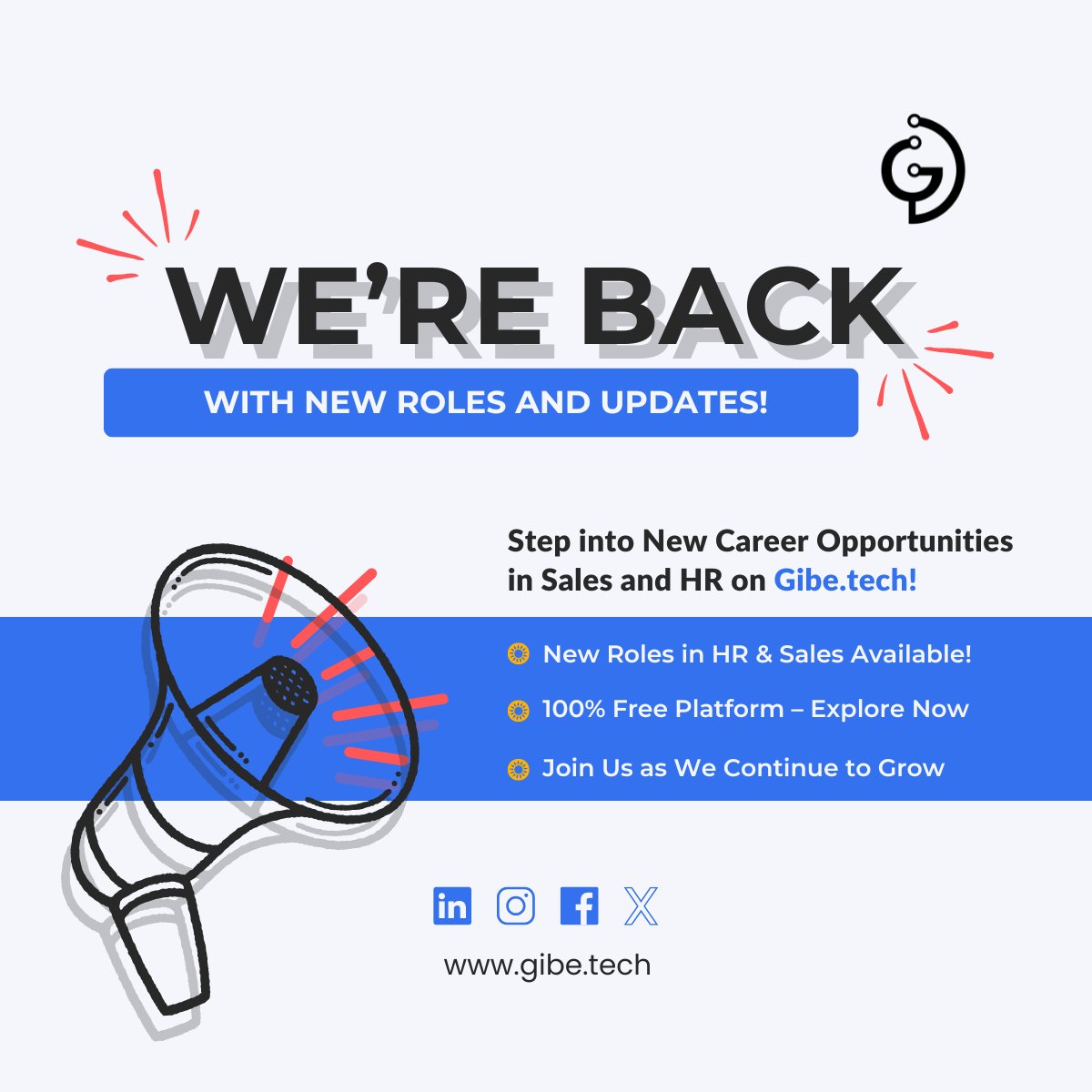 GIBE_TECH's tweet photo. 🚀 We’re back with new roles on https://t.co/eBtPcMDHTs! 🎉

Explore 5 fresh HR &amp; Sales opportunities on our 100% free platform. Join us as we continue to grow!

👉 https://t.co/FrxqcCytuW

#NewRoles #FreePlatform #TechHiring #HRJobs #SalesJobs #GibeTech #WeAreBack #MVPStage https://t.co/Zd1RXVpjnK