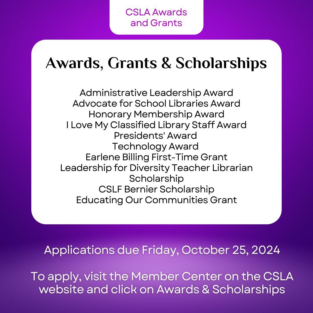 CSLA (@4csla) on Twitter photo Applications for the CSLA and CSLF awards and grants are now open. The awards will be presented at the Annual Conference Membership Meeting on Sun, Feb 2, 2025 in San Jose. CSLA members are encouraged to nominate themselves or a colleague. Visit buff.ly/4eGFQFl. Applications for the CSLA and CSLF awards and grants are now open. The awards will be presented at the Annual Conference Membership Meeting on Sun, Feb 2, 2025 in San Jose. CSLA members are encouraged to nominate themselves or a colleague. Visit buff.ly/4eGFQFl.