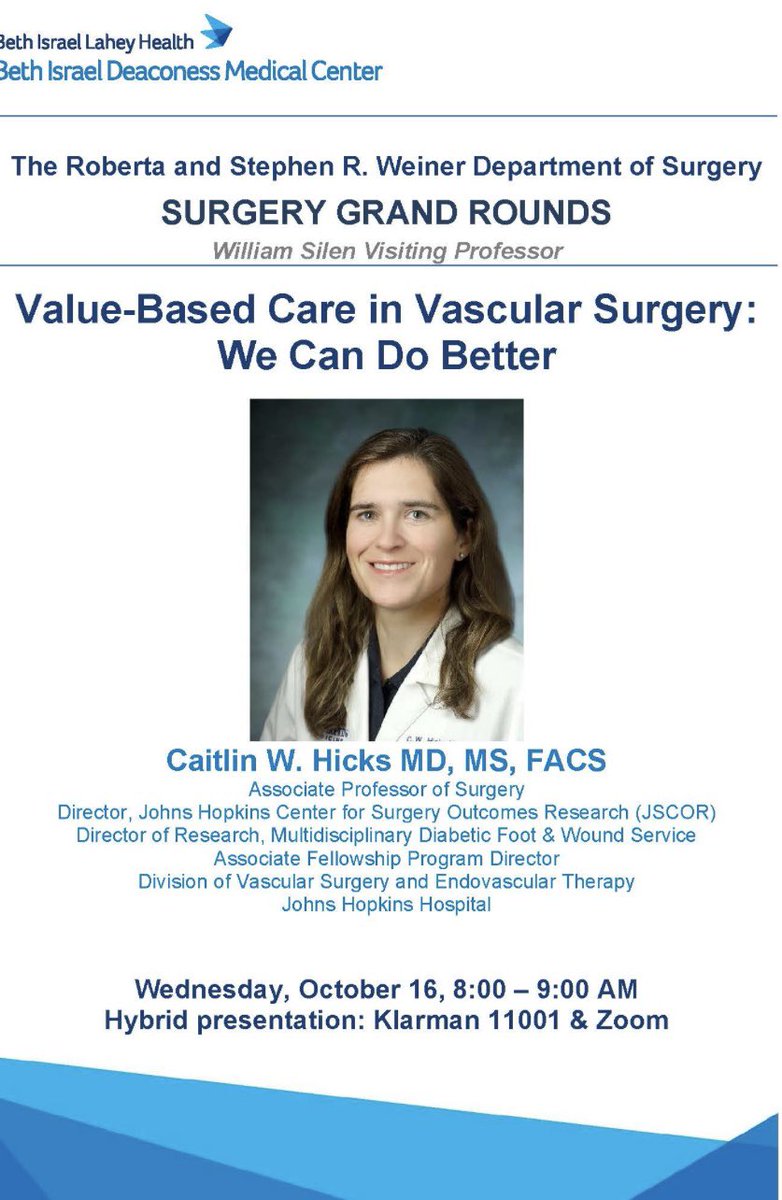 BIDMC Department of Surgery (@bidmcsurgery) on Twitter photo Join us for Surgical Grand Rounds Wednesday, 10/16, with Caitlin W. Hicks MD, MS, FACS on Value-Based Care in Vascular Surgery: We Can Do Better.
To virtually join, email surgedu@bidmc.harvard.edu for more details.
#BIDMC #Grandround Join us for Surgical Grand Rounds Wednesday, 10/16, with Caitlin W. Hicks MD, MS, FACS on Value-Based Care in Vascular Surgery: We Can Do Better.
To virtually join, email surgedu@bidmc.harvard.edu for more details.
#BIDMC #Grandround