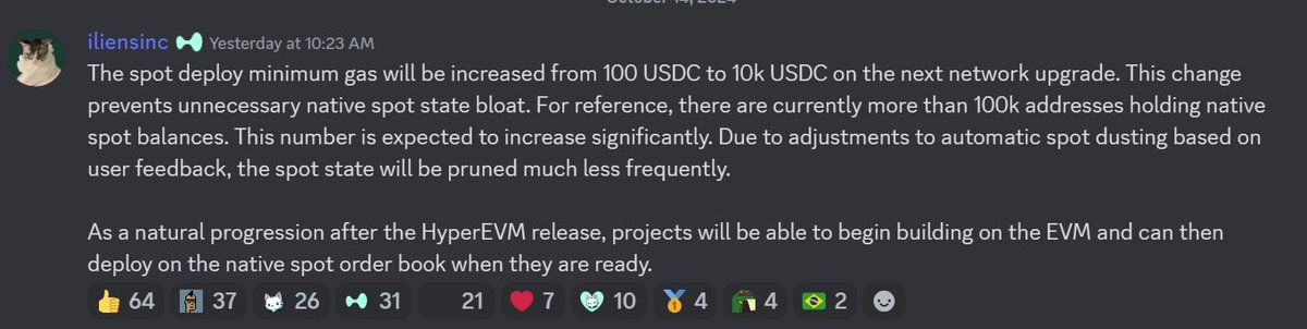 crypto_adair's tweet photo. I love Hyperliquid's positioning. 

Seems very unlikely we will win the memecoin casino at this point, so no reason to pvp with $SOL on that. 

I think this $10K minimum will prove to be a foundational aspect for much stickier capital in the HL eco...aka defi apps that are gonna make the $hype token go purr the same way ETH price was elevated through all its Defi apps. h/t @basche42