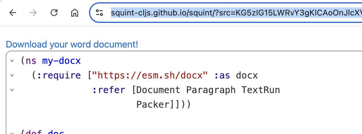 borkdude's tweet image. Create a docx (Word) document in the browser with squint and the docx js lib!
#clojure #squintcljs
squint-cljs.github.io/squint/?src=KG…