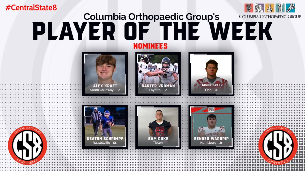 Central State 8 (@centralstate8) on Twitter photo Check out the Central State 8 Week 7 Player of the Week nominees brought to you by the <a href="/ColumbiaOrtho/">Columbia Orthopaedic</a> Group!!!
Vote below
forms.gle/skDyK2FzKVFoArā¦
#CS8 <a href="/R_VilleStudents/">RHS Student Body</a> <a href="/ColeRV1/">Cole County R-V School</a> <a href="/FayetteFalcons/">Fayette High School</a> <a href="/ActivitiesNbhs/">NBHS Activities</a> <a href="/AthleticsSCHS/">SC Athletics</a> @HarrisburgAth <a href="/Linn_Athletics/">Linn Athletic Department</a> <a href="/THSActivities1/">Tipton MS/HS</a> Check out the Central State 8 Week 7 Player of the Week nominees brought to you by the <a href="/ColumbiaOrtho/">Columbia Orthopaedic</a> Group!!!
Vote below
forms.gle/skDyK2FzKVFoArā¦
#CS8 <a href="/R_VilleStudents/">RHS Student Body</a> <a href="/ColeRV1/">Cole County R-V School</a> <a href="/FayetteFalcons/">Fayette High School</a> <a href="/ActivitiesNbhs/">NBHS Activities</a> <a href="/AthleticsSCHS/">SC Athletics</a> @HarrisburgAth <a href="/Linn_Athletics/">Linn Athletic Department</a> <a href="/THSActivities1/">Tipton MS/HS</a>