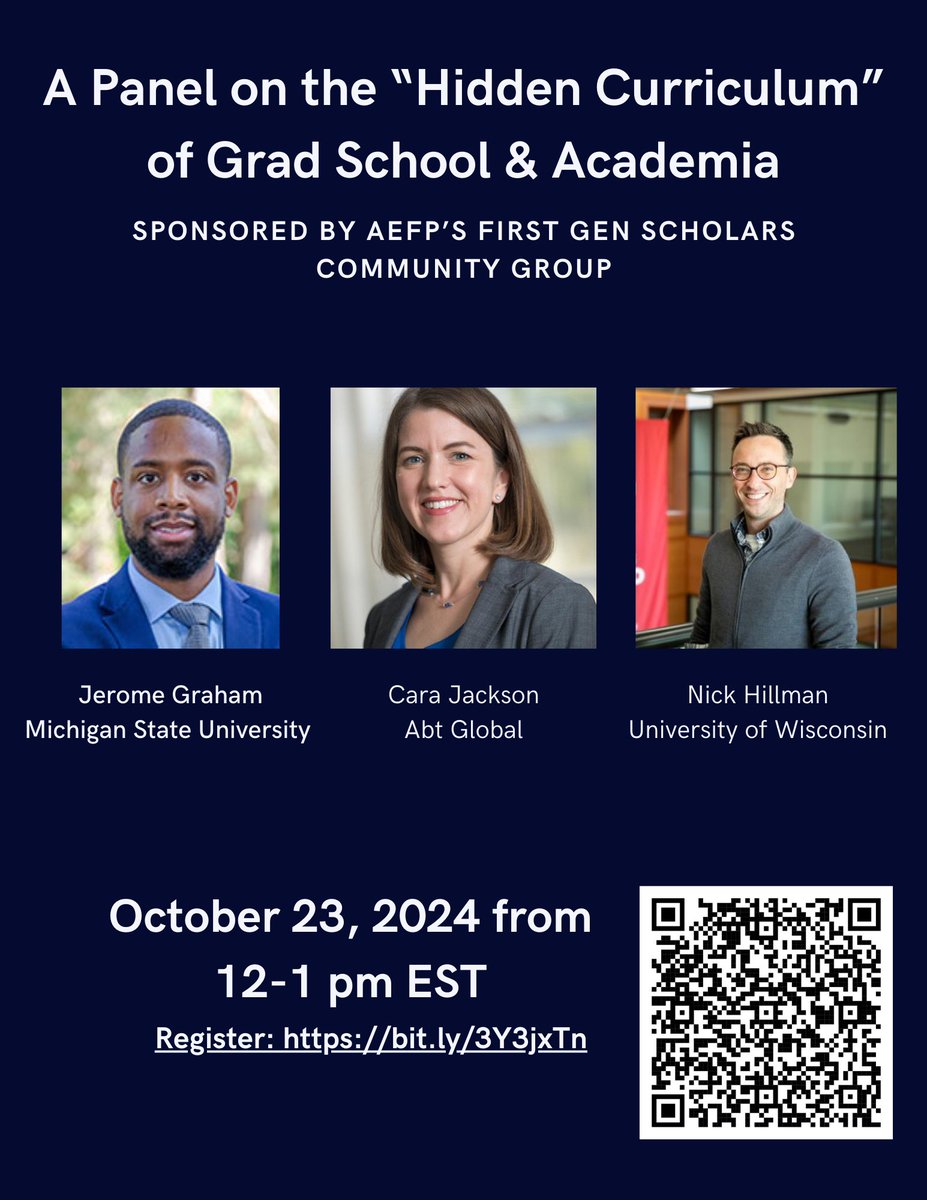 Join AEFP's First Gen Scholars community group for a panel on the "hidden curriculum" of grad school &amp; academia on Oct 23 at noon ET! <a href="/ImRachelWhite/">Rachel S. White</a> <a href="/aefpweb/">AEFP</a>