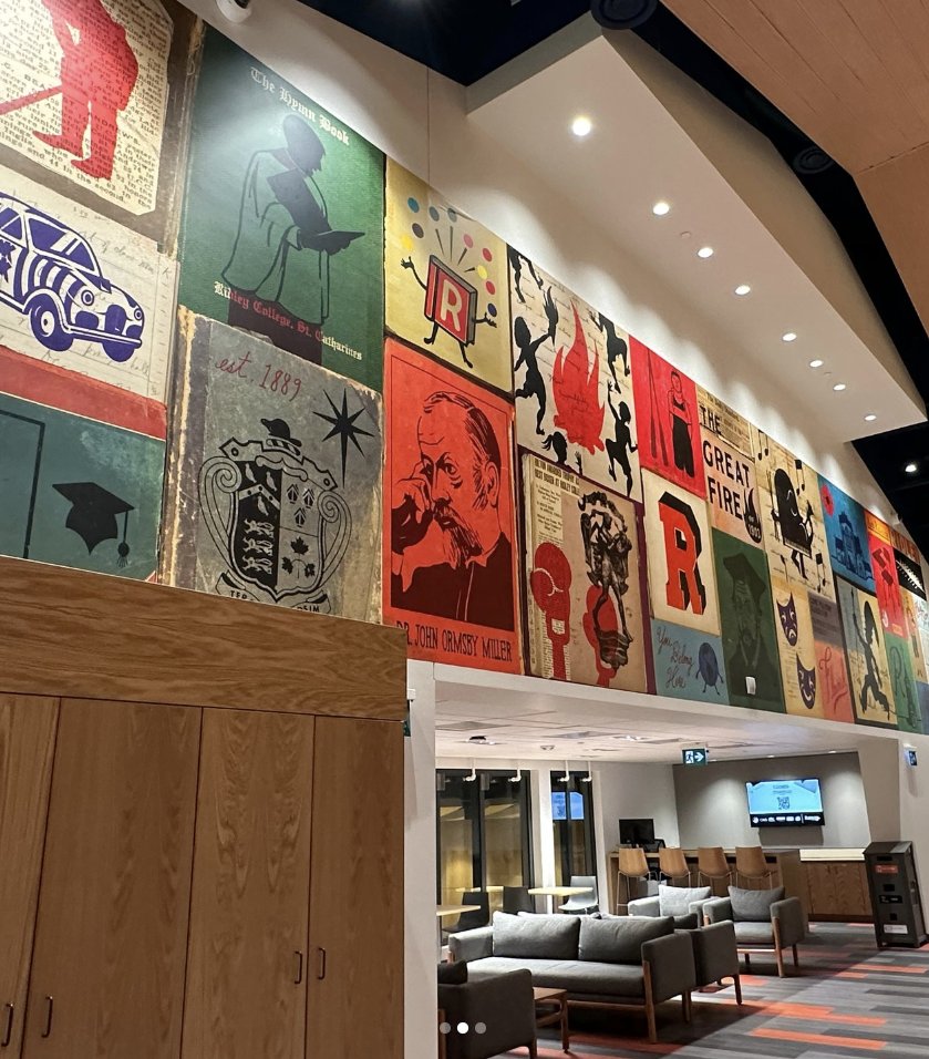 Shout-out to Prof. <a href="/GaryTaxali/">Gary Taxali</a> for his new mural at <a href="/Ridley_College/">Ridley College</a>, St. Catharines, showcasing 135 years of history through archival artifacts in a modern format. Concept by OCAD U grad Elizabeth Braun-Loomis.