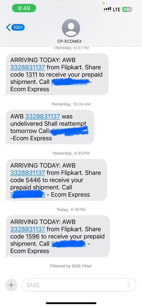 ParthKaria7's tweet photo. My flipkart order is arriving through @EcomExpress_Ofc having AWB number 3328831137 which is showing out for delivery since last 10 days but still not delivered and everyday i am getting different number of delivery executive but i am not able to connect with any of them. https://t.co/15FQTDifNf